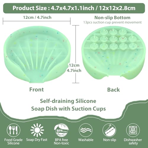 Silicone Bathroom Soap Dishes, Self Draining Waterfall Bar Soap Holder & Saver, Dish Soap Tray, Sponge Holder, 13 Non-Slip Suction Cups Dishwasher Safe for Bathroom Kitchen Shower Sink Organizer Green - color: Green