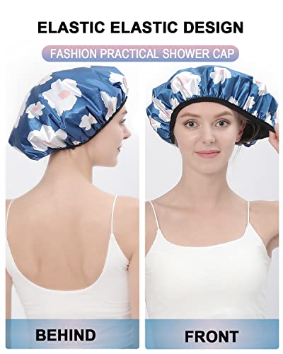 YIZIJIZI Terry Lined Shower Cap,Triple Layer Large Cap for Women,Shower Cap Reusable Waterproof,Long Thick Hair(Blue) - color: Blue