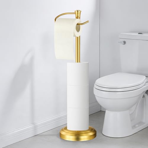 Gold Toilet Paper Holder Free Standing, 25" H 304 Stainless Steel Toilet Paper Stand for Bathroom，Weighted Base Floor Tissue Roll Holder,Toilet Roll Stand - color: Gold