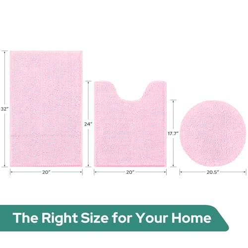 HOMEIDEAS 3 Pieces Light Pink Bathroom Rugs Set, Ultra Soft Non Slip Bath Rug and Absorbent Chenille Bath Mat, Includes U-Shaped Contour Rug, Bath Mat and Toilet Lid Cover, Perfect for Bathroom, Tub - color: Light Pink, size: 20"x32"+U 20"x24"+Cover 18"x2