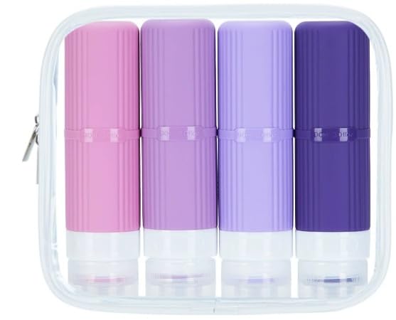 5 packs of toiletries travel bottles, TSA Approval silicone travel containers, leak proof refillable shampoo and conditioner are essential for travel, fitness, business trips, office use(purple) - color: Purple