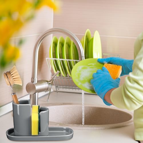 Geelin 3 in 1 Ceramic Kitchen Sink Caddy Dish Sponge Holder Scrub Brush Holder and Soap Tray for Kitchen Organizer Rustic Farmhouse Supplies (Gray) - color: Gray
