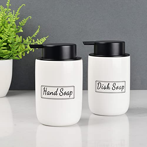 BosilunLife Foaming Soap Dispenser Set - White Ceramic Foam Hand Dispenser 12oz Soap Dispenser Set with Rust Proof Pump, 4Pcs Clear Stickers for Kitchen, Bathroom - 2 Pack - color: White-foam Pump