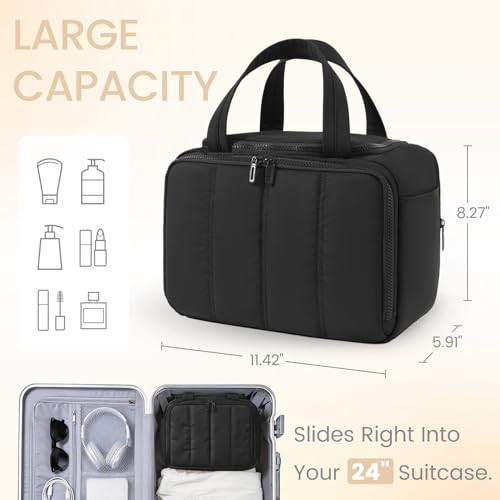 Toiletry Bag for Women Puffy Large,Travel Makeup Bag,Large Toiletry Bag with Adjustable Dividers,Waterproof Cosmetic Travel Bag with Trolley Sleeve,Toiletries Organizer,Black - color: Black