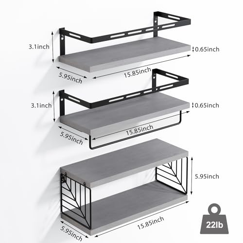 Fixwal Wall Mounted Bathroom Shelves Over Toilet, Rustic Wood Floating Shelves with Metal Frame and Towel Bar for Bathroom, Kitchen, Bedroom, Living Room (3 Plus 1 Gray) - color: 2-gray