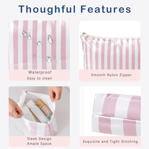 RSRSLEII Large Waterproof Travel Stripe Makeup Bag,Aesthetic PVC Toiletry Bag,Coquette Cosmetic Bag Organizer,Cute Preppy Carry-on Travel Accessories Essentials for Women Girls(Striated pink) - color: Striated pink