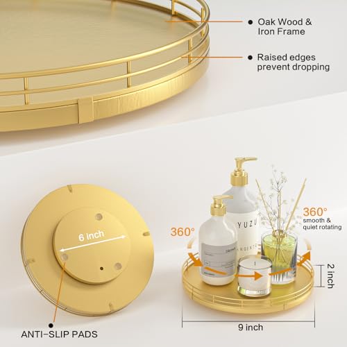9" Gold Lazy Susan for Table Top, Oak Wood Lazy Susan Turntable Organizer for Dining Coffee Table Centerpiece Bar Decor Kitchen Countertop Bathroom Vanity Decorative Tray for Perfume Jewelry Round - color: Golden, size: 9