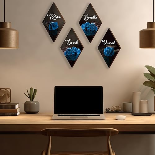 ONIZHITY Set of 4 Blue Bathroom Decor Rose Wooden Wall Decor Flower Rustic Romantic Floral Farmhouse Blue Wall Decor Modern Breathe Soak Unwind Relax Signs for Room Kitchen Bathroom (blue 12 x 7) - color: Blue Rose