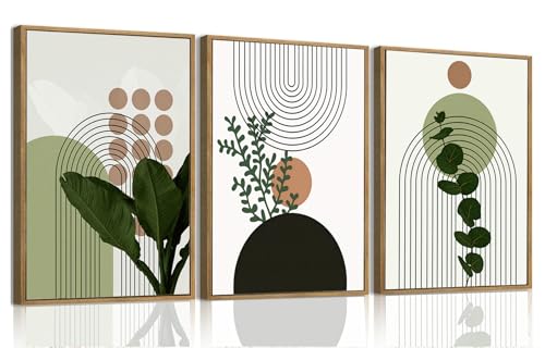 Bwodke Boho Wall Art, Framed Abstract Wall Art, Plant Canvas Wall Decor, Mid Century Line Leaf Geometric Pictures Set of 3, Minimalist Paintings, for Bedroom Living Room Bathroom 16"x24" - color: Boho Plant, size: 16"x24"Natural