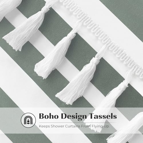 Seasonwood Shower Curtain with White Tassels Modern Farmhouse White Striped Sage Green Shower Curtains for Bathroom 72 x 72 inch Waterproof Fabric Shower Curtain Set - color: Green, size: 72"W x 72"L (Pack of 1)