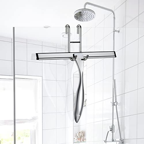 Shower Squeegee Set, 14-Inch Stainless Steel Squeegee, All-Purpose Squeegee for Bathroom, Shower Doors, Mirrors, Tiles, and Car Windows - 100% Streak Free, Includes Shower Door Hook and Adhesive Hook - color: Silver, size: 14-Inch