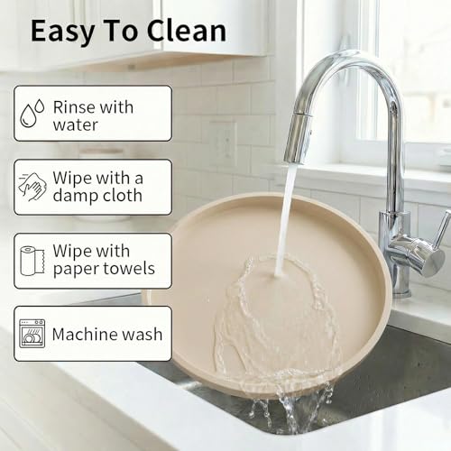Round Beige Silicone Decorative Bathroom Vanity Tray 9 Inch, Counter Tray for Bathroom Countertop Perfume Holder Dresser Organizer Coffee Table Candle, Non-Slip Durable for Home Use - color: Beige, size: 9.1"