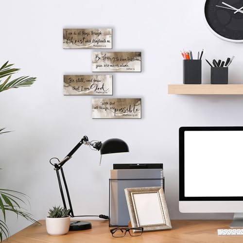4 Pcs Burnt Brown Bathroom Decor Christian Wall Art Abstract Bible Verse Wall Decor Rustic Inspirational Wood Bathroom Accessories For Bedroom Kitchen Office(10 x 4 Inches, Brown) - color: Brown
