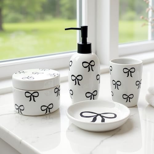 Pink Bathroom Set, 4 Pcs Ceramic Bathroom Accessory Sets - Soap Dispenser, Tumbler Toothbrush Holder, Vanity Soap Tray, Cotton Swab Jars - Pink Bathroom Decor Gift for Her (Black) - color: Black