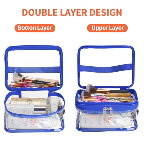 HAOGUAGUA Double Layer Clear Cosmetic Bag Makeup Bag, Waterproof Travel Toiletry Bag, Transparent PVC Pouch Organizer (Blue) - color: Blue