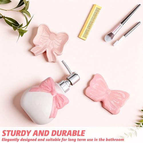 Pink Cute Ceramic Bathroom Accessories Set 3 Pcs - White Bowknot Soap Dispenser, Toothbrush Holder, Soap Dish - Modern Coquette Preppy Bathroom Decor & Apartment Essentials (Classic) - color: Pink