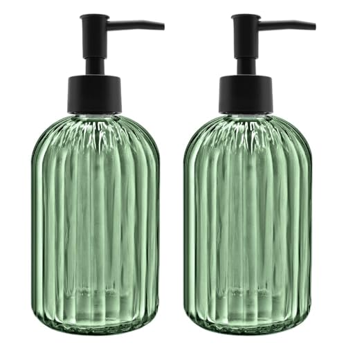 2 Pack 14oz Glass Soap Dispenser with Black Pump – Refillable for Hand Soap, Dish Soap, Lotion, Suited for Kitchen, Bathroom & Laundry Room(Olive Green) - color: Olive Green
