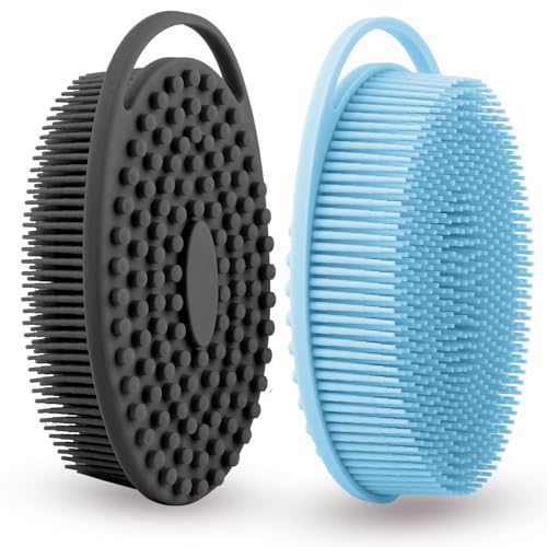 Silicone Body Scrubber 2 Pcs Silicone Loofah Exfoliating Body Scrubber for Men Women Soft Silicones Shower Scrubbers Double Sided Silicones Bath Bodys Brush for All Skin Lather Well, Blue and Black - size: blue+black