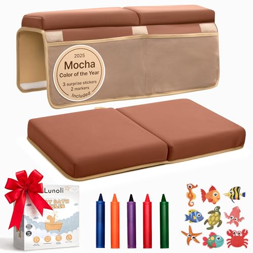 Baby Bath Kneeler and Elbow Rest Pad Set, Mocha Mousse, 1.8 Inch Memory Foam Cushion for Parents, Waterproof Kneeling Pad with 6 Suction Cups, 4 Mesh Pockets, Reusable Markers & Eco Stickers