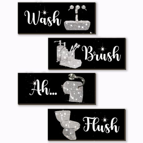 4 Pcs Silver Bathroom Decor Funny Silver And Black Wall Art Wooden Bathroom Accessories Modern Funny Glitter Set for Home Toilet 10x4 Inch - color: Silver, size: 10 X 4 Inch