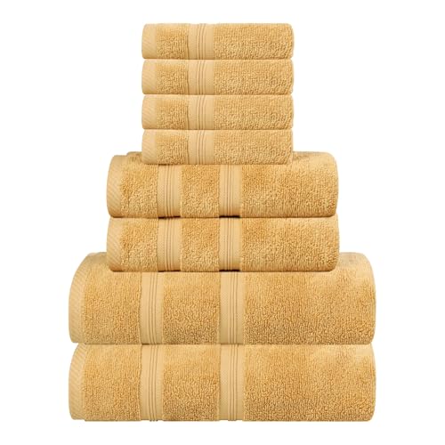 Superior Cotton 8-Piece Towel Set, Soft Plush Essential Towels for Bathroom, Shower, Gym, Spa, Salon, Decor, Includes 2 Bath, 2 Hand, and 4 Face Towels, Zero Twist, Smart Dry Collection, Gold