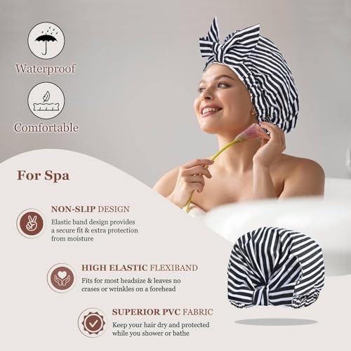 Luvruitaky Shower Cap Luxury Shower Caps for Women Reusable Waterproof Hair Cap for Shower with Adjustable Bowknot Hair Bath Cap (Black Stripe) - color: Black Stripe