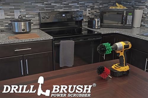 Cleaning Supplies - Drill Brush - Medium and Stiff Bristle MINI Spin Brush Kit - Kitchen Accessories - Clean and Scrub Counters, Stove, Oven, Sink, Flooring - Deck Brush - Algae, Mold, Mildew, Moss - color: Green / Red