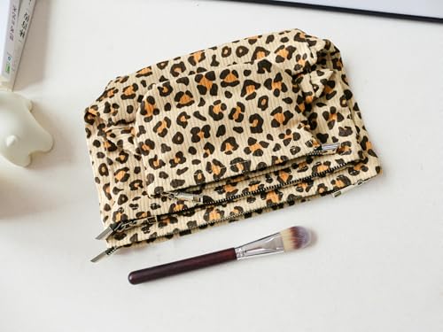 HAPPYHEIDI Leopard Corduroy Makeup Bag Cosmetic Toiletry Travel Pouch Car Organizer, 3-Size, Vintage Brown Coquette Cheetah - color: GZTH Leopard Corduroy 1 Bag