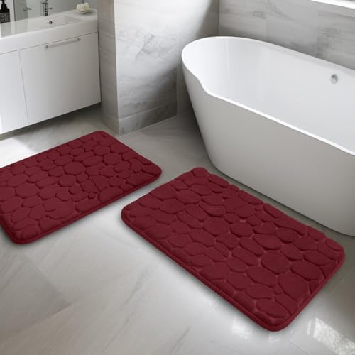 YIHOUSE Bathroom Rugs Mat Set, Memory Foam Bath Mat 2 Piece Red | 17x24&20x32, Non Slip, Water Absorbent, Washable, Bath Mat For Bathroom, Sink and Toilet - color: Dark Red, size: 2' x 1'5" (Rectangular)