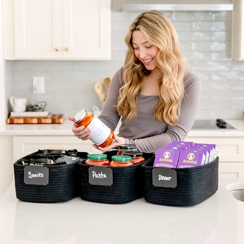 NaturalCozy 13.5”x8.5”x5.5” Rectangle Storage Baskets for Shelves 3 Pack | Cotton Rope Woven Small Baskets for Organizing | Small Storage Bins for Nursery, Bathroom, Closet, Shelf, Decorative - color: Black, size: 13.5" x 8.5" x 5.5"