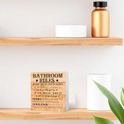 Funny Farmhouse Bathroom Wood Sign - Rules Block Sign for Shelf, Toilet, Restroom, Home, Tabletop, Desk Decor - Wooden Box Sign - color: Wood Color3