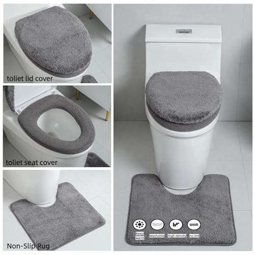 3piece Toilet Seat Cover Set - Toilet Seat Cover +Toilet Lid Cover + toilet rugs u shaped washable, Fits Most Elongated Round and Oblong Toilet(Machine Washable,Quick-Dry) grey - color: Gray