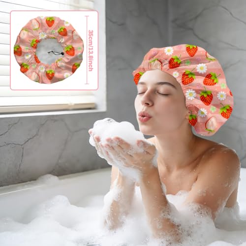 Strawberries Reusable Shower Cap Cute Fruit Double Layer Waterproof Shower Caps Large Elastic Hair Cover Adjustable Hair - Drying Caps for Woman Bath SPA Travel One Size Fits Most - color: Strawberries
