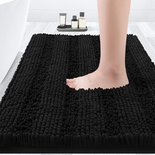 ACCUMTEK Striped Black Bathroom Rug Mat 36"x24" Ultra Soft, Non Slip Chenille Bath Rugs, Absorbent Plush Shaggy Bath Mats for Bathroom, Bedroom, Kitchen, Shower, Tub - color: Black, size: 1'11" x 2'11" (Rectangular)