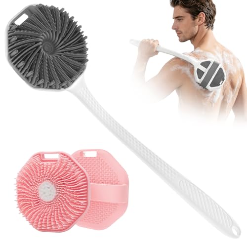 Back Scrubber for Shower 2 Pack, Silicone Scrub Brush with Long Handle & Unique Soft Body Scrubber, Detachable Body Brush Shower Lather Well Deep Clean Exfoliating for Women Men Sensitive Skin Gy&Pk - color: Pink+grey Flock