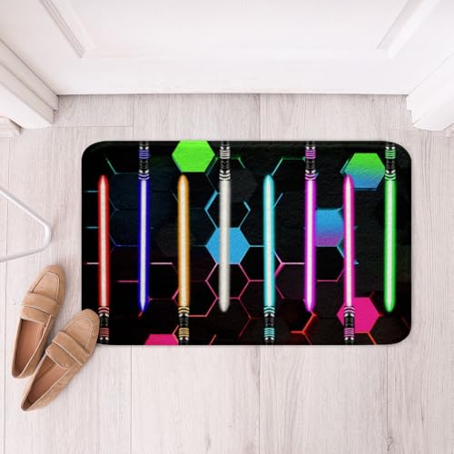 Neon Colorful Light Up Sword Bathroom Rug,Kids 3D Geometric Honeycomb Hexagon Shaggy Absorbent Floor Mat,Boys Girls Adult Fashion Games Non Slip Bath Mat Black Cool Bath Indoor Doormat Decor,16"x24" - color: Lightsaber 09, size: 16" x 24"