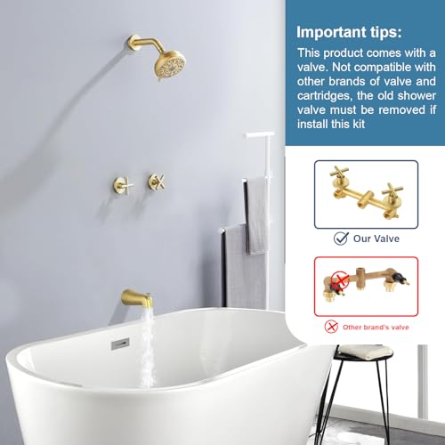 2 Handles Shower Faucet Set with Tub Spout Bathtub Shower Faucet Combo Set Shower System Complete Tub and Shower Trim Kit Brushed Gold Wall Mounted Shower Fixtures - color: Brushed Gold