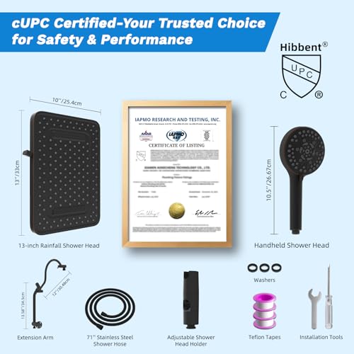 Hibbent cUPC Certified 13'' Shower Head Combo, High Pressure 5 Spray Rainfall Showerhead, 10 Spray Handheld, All Metal Easy Reach 4-way Diverter with Pause Mode, 71'' Hose & Holder, Oil-Rubbed Bronze - color: Oil Rubbed Bronze, style: Square 13"