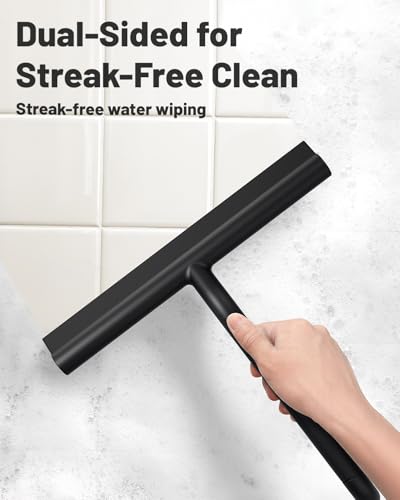 Silicone Shower Squeegee with Hook,Dual-Sided Design with Scraper & Scrub Surface, Shower Squeegee for Glass Doors (Classic Black) - color: Classic Black