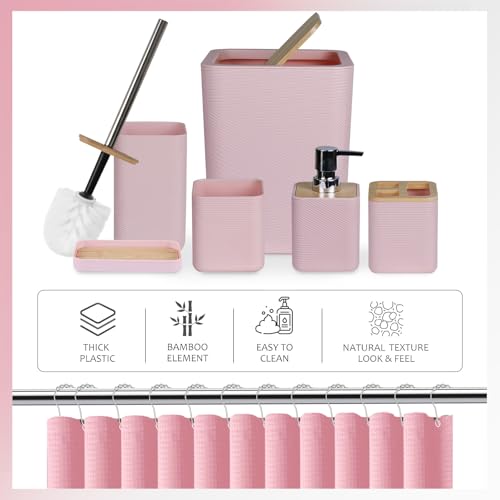 CERBIOR Bathroom Accessory Set with Shower Curtain, Includes Shower Curtain,Soap Dispenser, Toothbrush Holder, Toothbrush Cup, Soap Dish for Decorative Countertop and Housewarming Gift,Pink,20PC - size: Bath Set+Shower Curtain, style: Pink