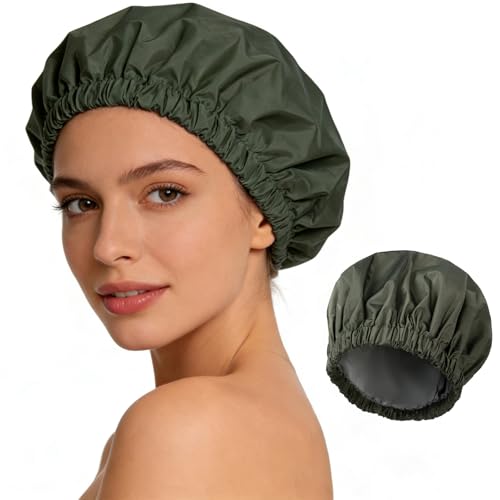 Shower Cap for Women Reusable Waterproof, Large Bath Cap with Elastic Band, Hair Caps for Long Hair and Braids, Green - color: Green
