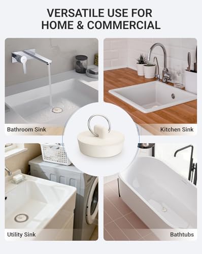 3 Pack Rubber Drain Stopper for 1-1/2 Inch Sink & Bathtub, Bathroom & Kitchen Sink Plug with Hanging Ring, Durable Bathtub Drain Stopper for Bath, Shower, and Laundry, White