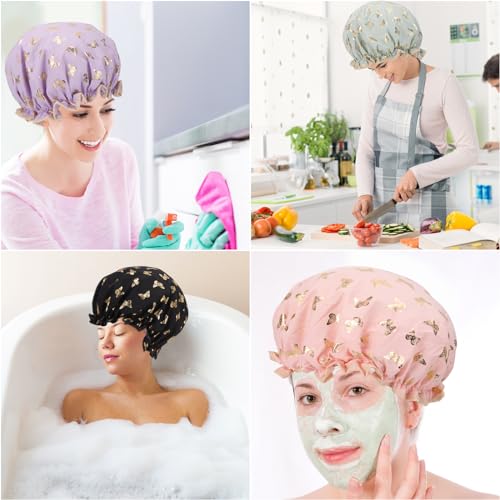 4 Pcs Shower Caps Hat for Women and Girl, Reusable Waterproof Bath Cap Double Waterproof Layers Butterfly - color: 4 Pack - Butterfly