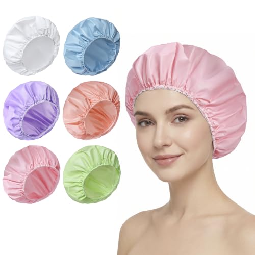 6 PCS Shower Caps for Women, Double Side Waterproof Shower Cap, PEVA Bath Caps for Shower, Bathing Shower Caps - Candy Color - color: Solid
