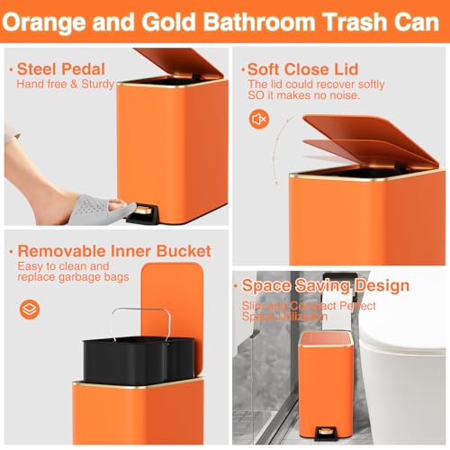 XLHOMO 11PCS Bathroom Sets with Shower Curtain and Rugs Bathroom Accessories Set Orange Bathroom Set,Soap Dispenser & Toilet Brush Holder Set with Stainless Steel Trash Can - size: Orange, style: Bath Set+Shower Curtain+Bath Rugs