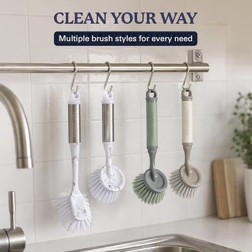 Farberware Dish Brush with Handle, 2 Pack, Firm Bristles | Kitchen scrub brush and dish scrubber removes grease, reaches pot and pan edges, 8in, round head, marble-look design - color: White Marble Round