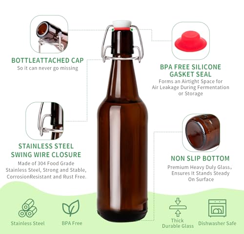 16.5oz Amber Beer Bottles with Flip Caps Set of 10, Swinging Top Glass Brewing Bottles with Airtight Lids for Vanilla Extract, Fermentation Kombucha, Beverage, Water, Kefir, Soda
