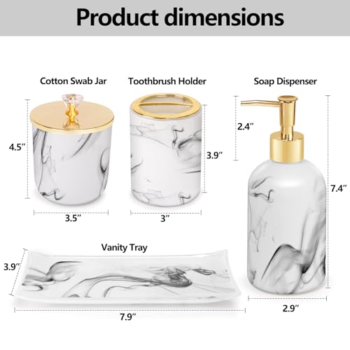Haturi Bathroom Accessories Set, 4 Pcs Marble Look Sets Soap Dispenser & Toothbrush Holder Counter Top Restroom Apartment Decor Stuff, Glass Kits, Gift for Women and Men, Ink White - style: White