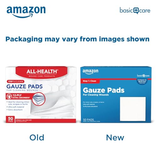 Amazon Basic Care Gauze Pads, 3x3 inches Sterile Medical Wound Dressing Sponges, 12-Ply, Ultra Soft, Extra Absorbent, 50 Count, (Previously All Health) (Pack of 2) - size: 3x3 Inch (Pack of 2)