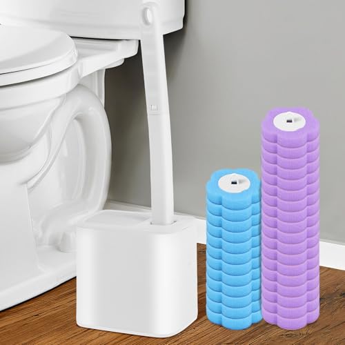Disposable Toilet Cleaning Brush and Holder Set, Disposable Toilet Brush with 30 Wand Cleaner Refills, Disposable Toilet Cleaning Pads, Bathroom Toilet Bowl Brush and Holder Set (A) - color: A